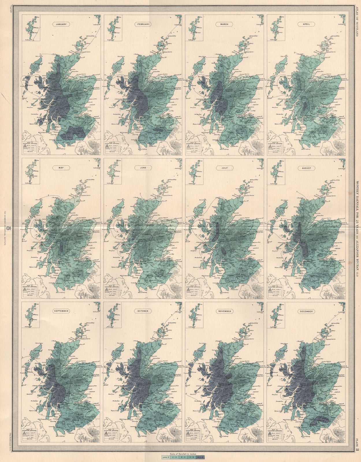 SCOTLAND average monthly rainfall for 25 years by Alexander Buchan 1912 map